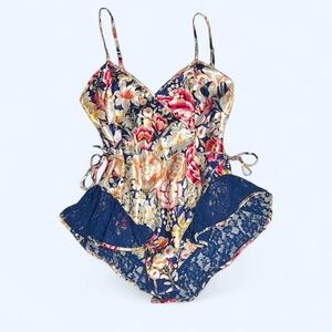 Vintage Victoria's Secret Floral Satin Teddy w Lace and Bows